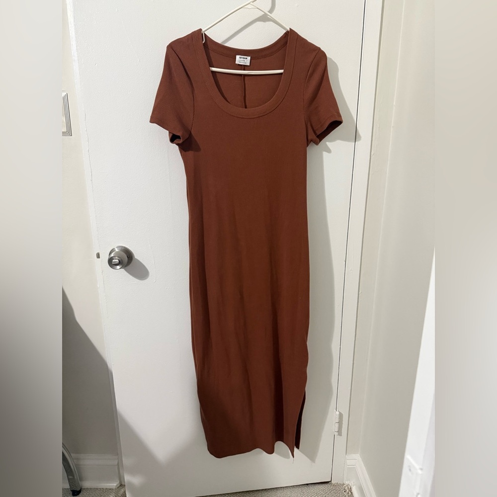 Cotton On Ribbed Midi Bodycon Dress Brown Short Sleeve Size Large - Picture 2 of 6
